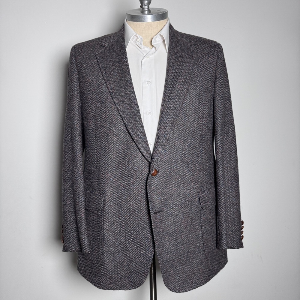 Vanjulian Mens Brown Herringbone Tweed Wool Blazer Sport Coat Two Button 44L